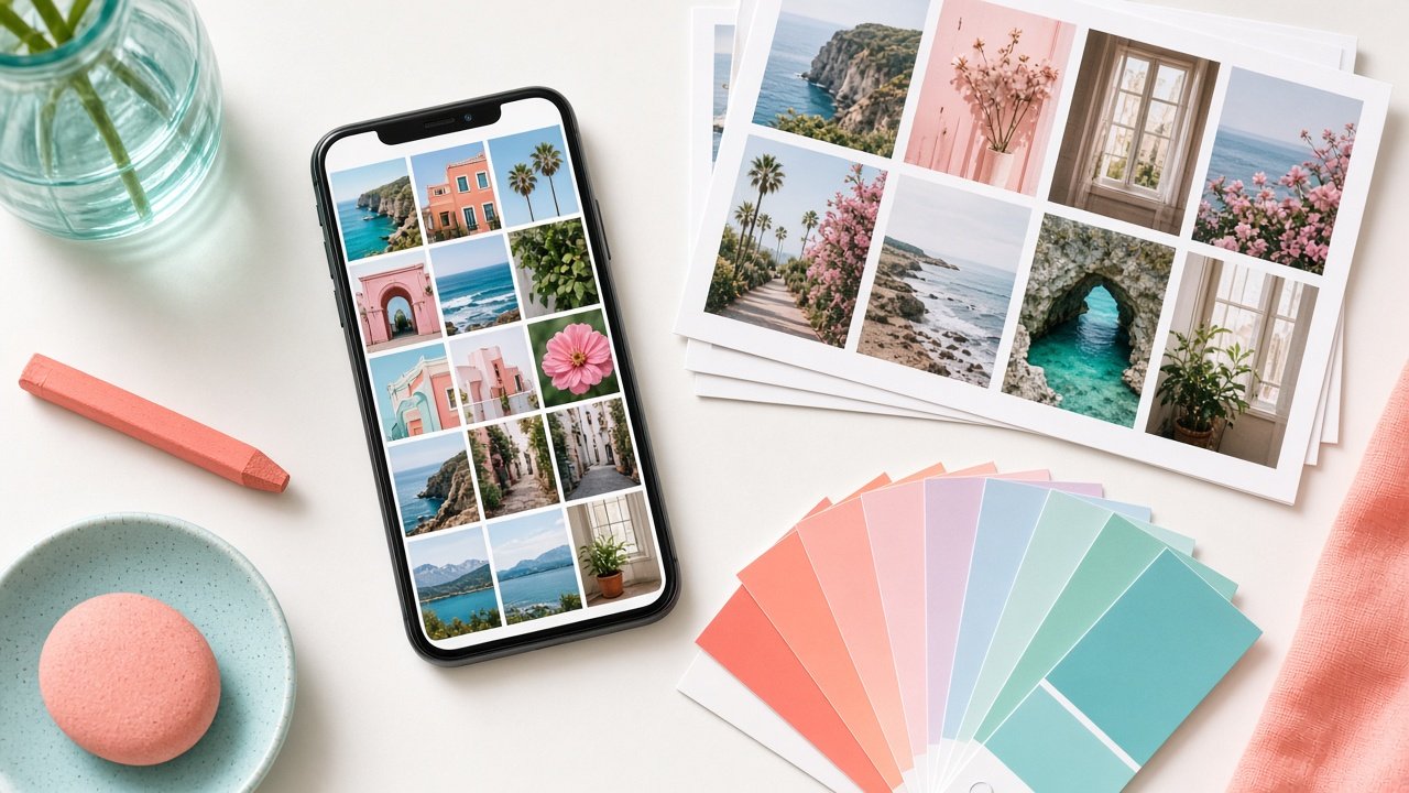 Social media proofs and phone grid on a light desk